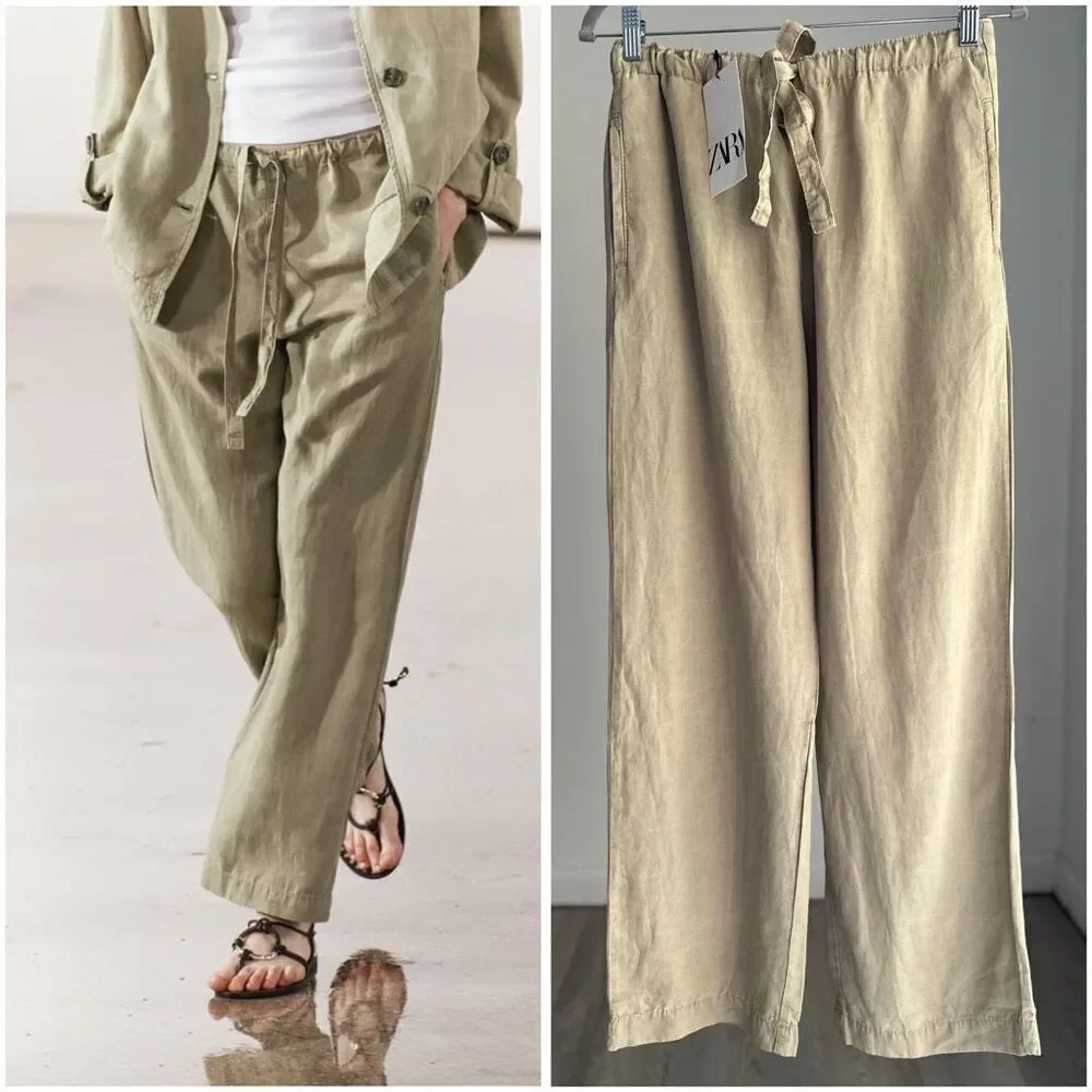 NWT ZARA ZW COLLECTION PAJAMA PANTS LIGHT KHAKI GREEN SMALL